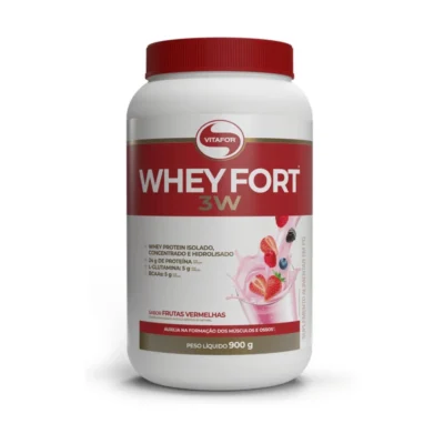Whey Protein Whey Fort 3W Pote 900g - Vitafor - Morango