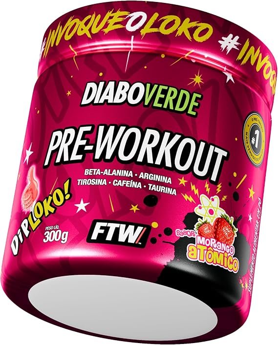 FTW Pré-Treino Diabo Verde Diploko em Pó com Cafeína, Aminoácidos Beta‑Alanina e Arginina para Treinos e Atividades Físicas - Pote 300 g (Morango Atômico)